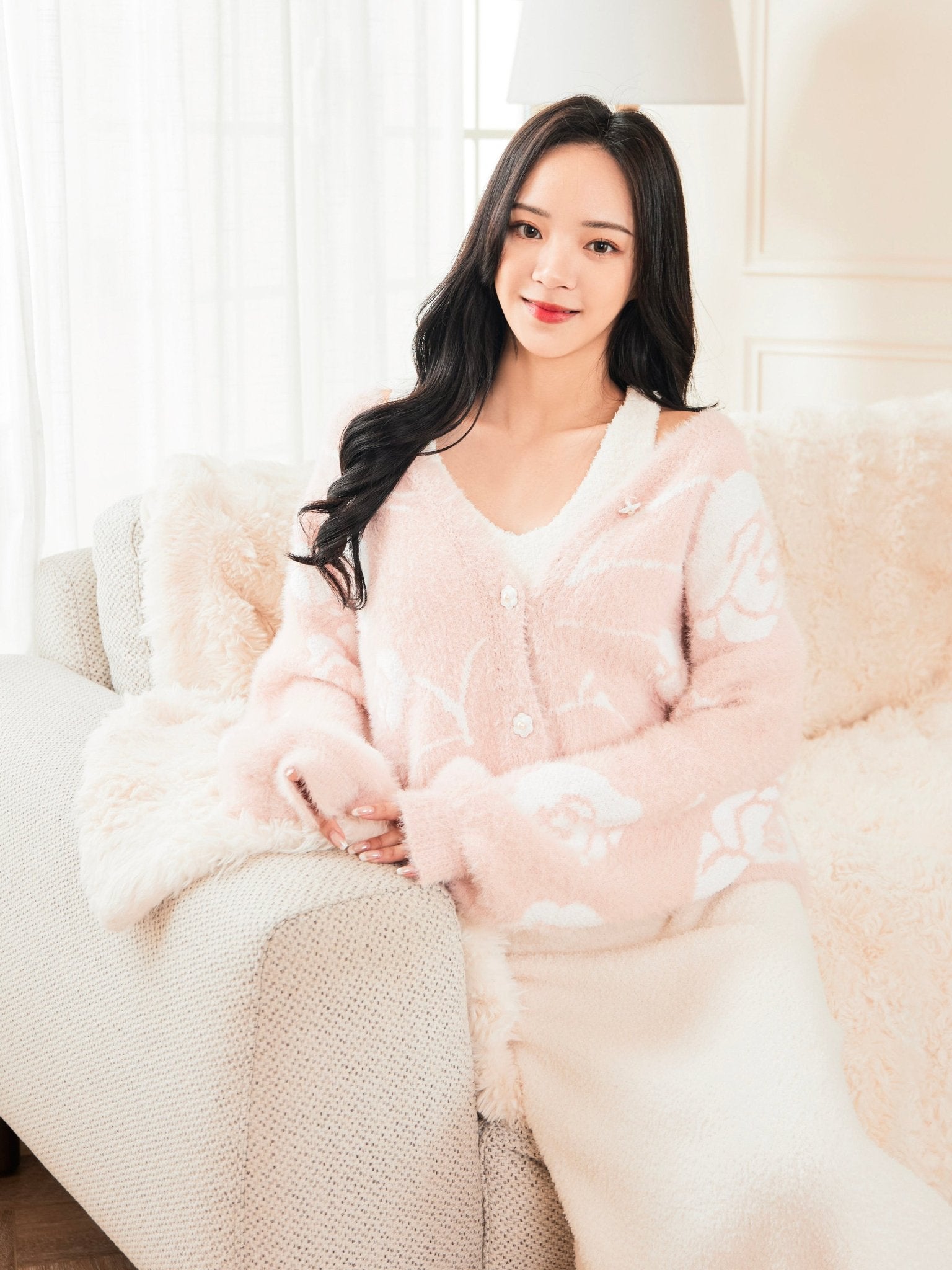 雲朵睡衣 - 粉白玫瑰絨 - Sugar8